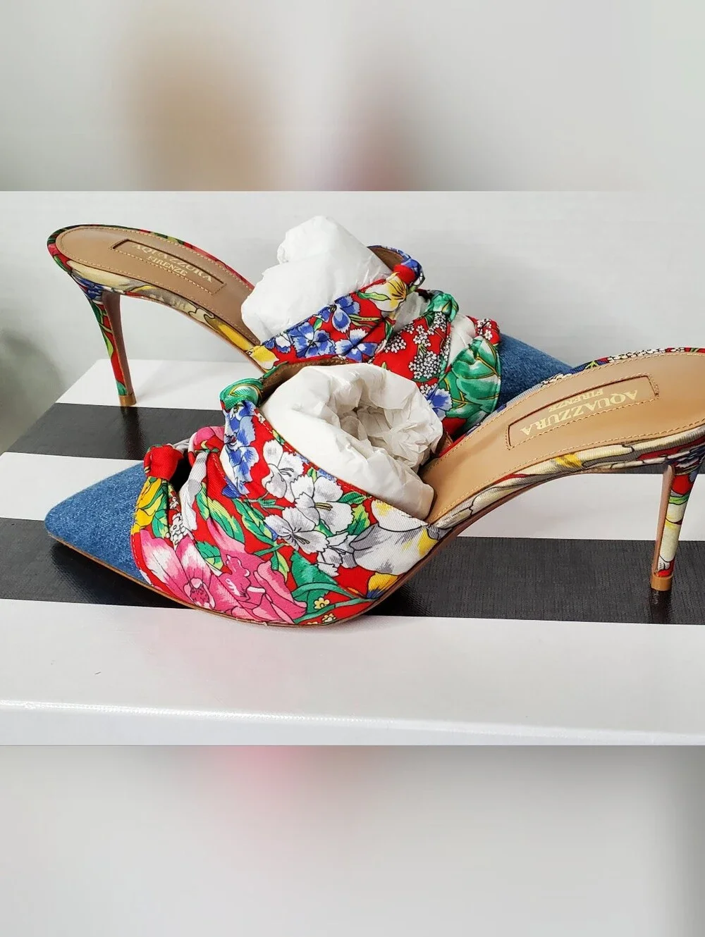 AQUAZZURA DENIM FLORAL Mule Heels NEW 36.5 (6) NWT